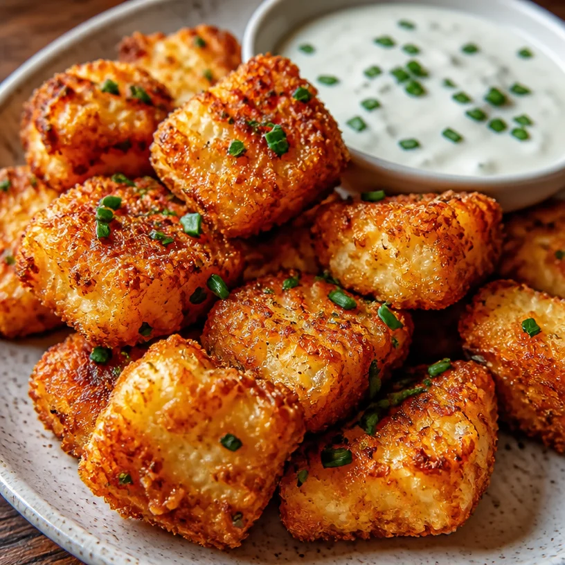 Delicious cottage cheese tots served in a bowl with dip