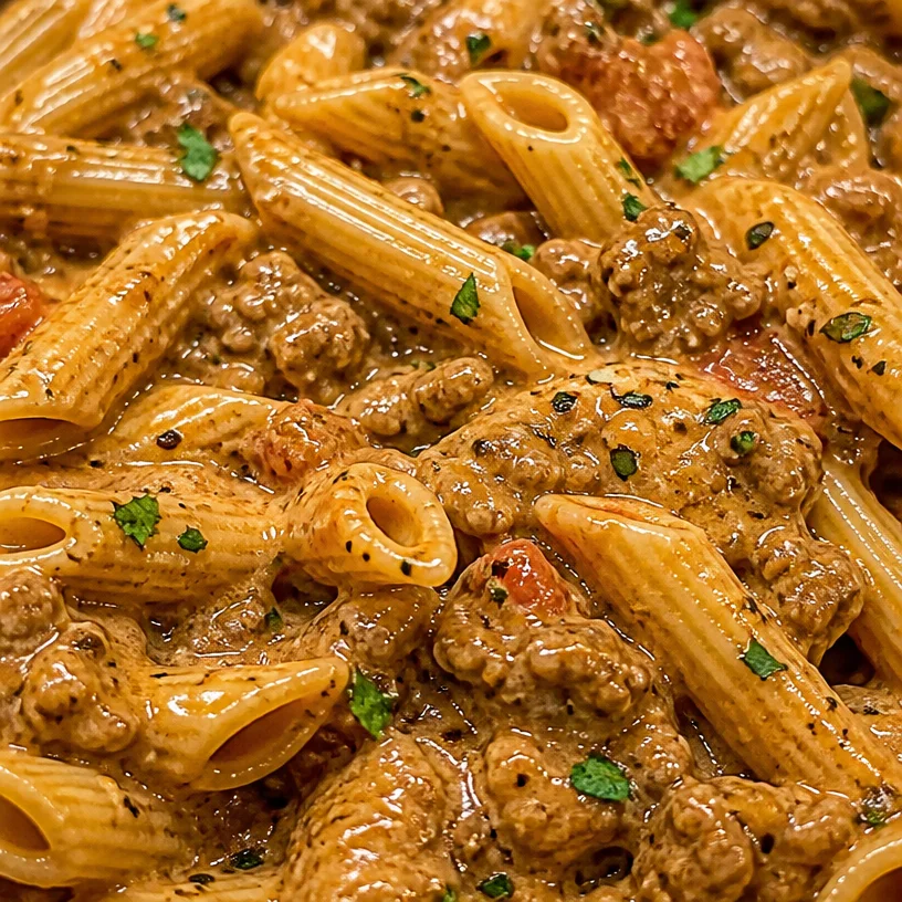 Creamy beef pasta topped with herbs in a white bowl