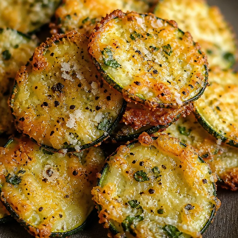 Crispy baked zucchini parmesan crisps served on a white plate