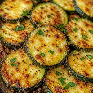 Crispy garlic parmesan roasted zucchini on a serving plate