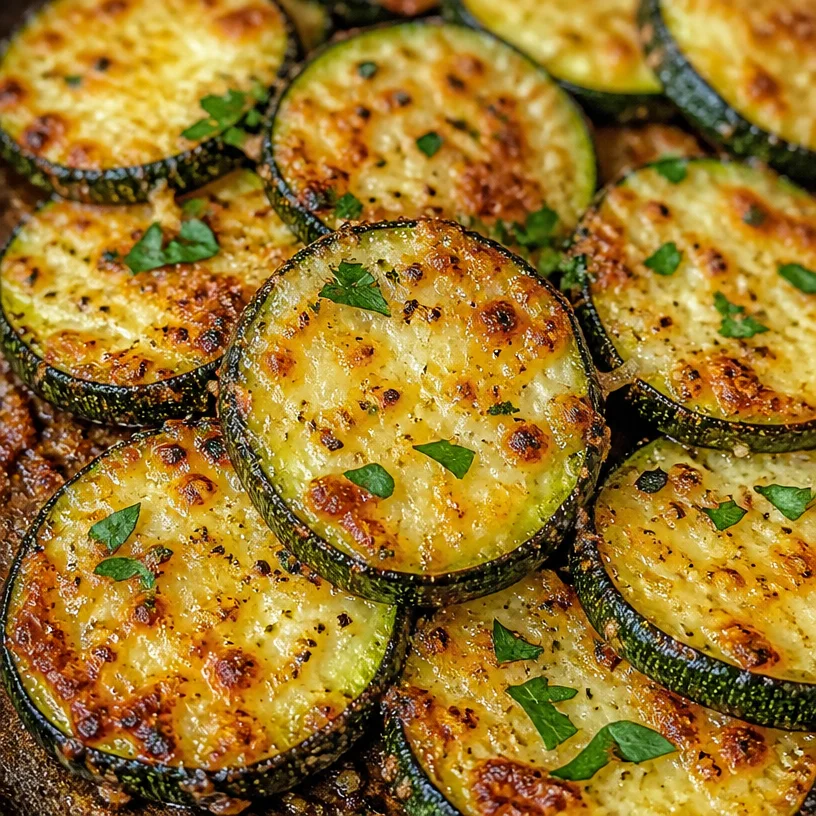 Crispy garlic parmesan roasted zucchini on a serving plate