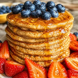 Plate of easy high-protein pancakes made with oats and topped with fresh fruits
