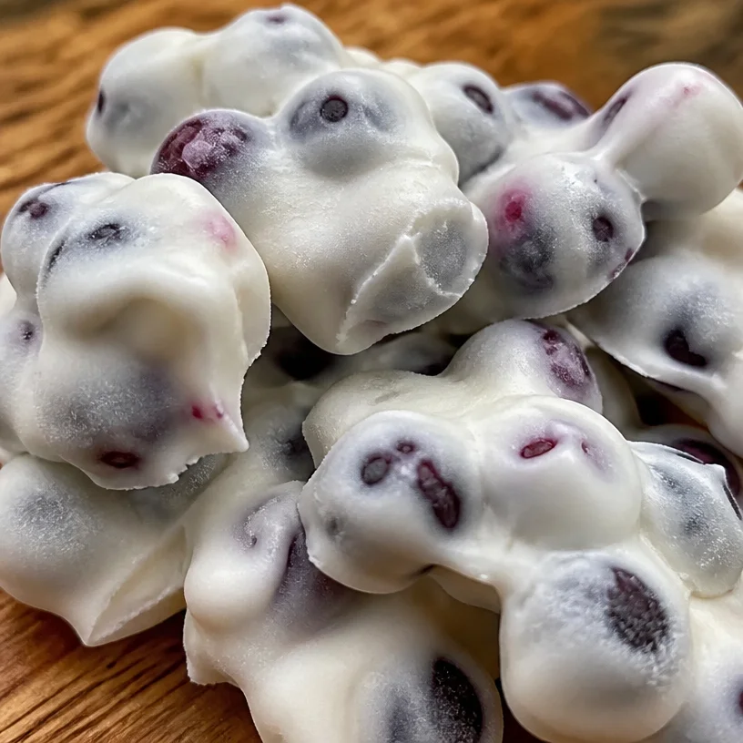 Frozen blueberry Greek yogurt clusters, healthy snack alternative.