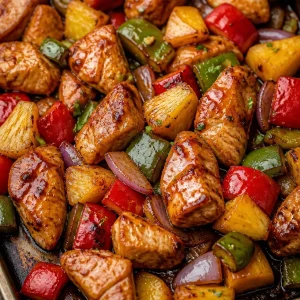Hawaiian Chicken Sheet Pan with vibrant vegetables and tropical flavors