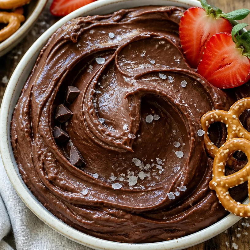 Bowl of healthy brownie batter chocolate hummus with fresh fruits for dipping.