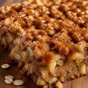 Slice of healthy apple oatmeal cake topped with fresh apples and oats