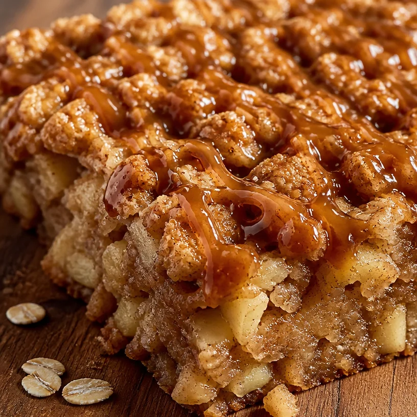 Slice of healthy apple oatmeal cake topped with fresh apples and oats