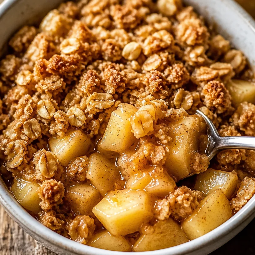 Healthy breakfast apple crumble topped with oats and fresh apples.
