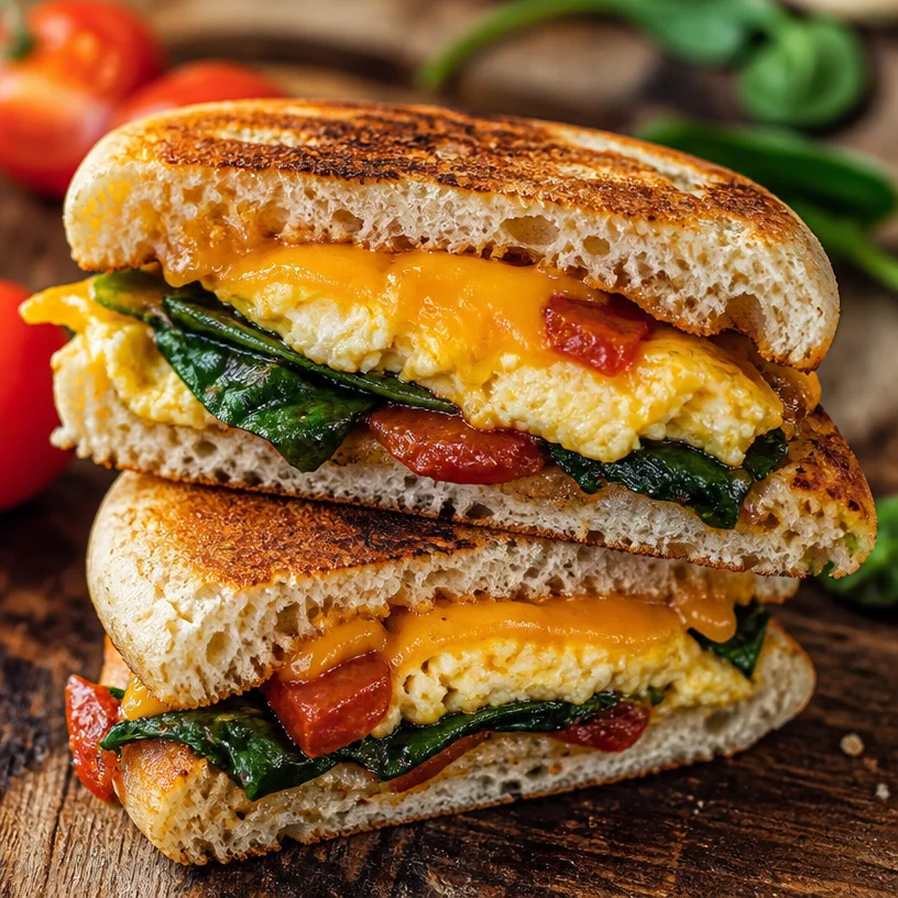 Healthy breakfast sandwich with eggs, avocado, and whole grain bread