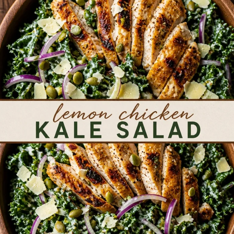 Healthy lemon chicken kale salad with vibrant greens and lemon dressing