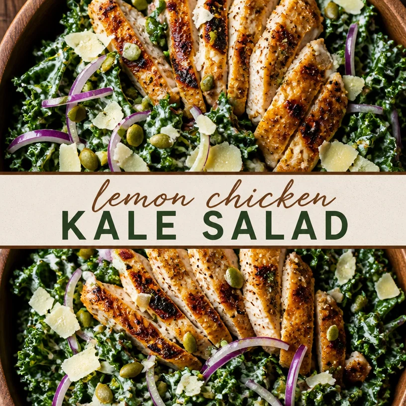 Healthy lemon chicken kale salad with vibrant greens and lemon dressing