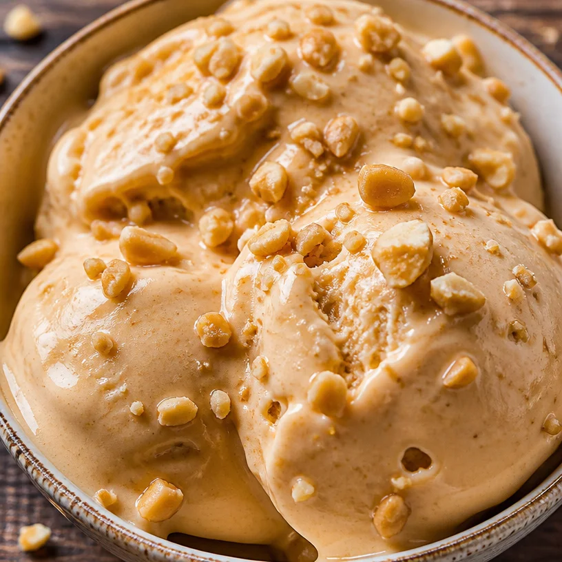 Healthy peanut butter frozen yogurt served in a bowl with a spoon