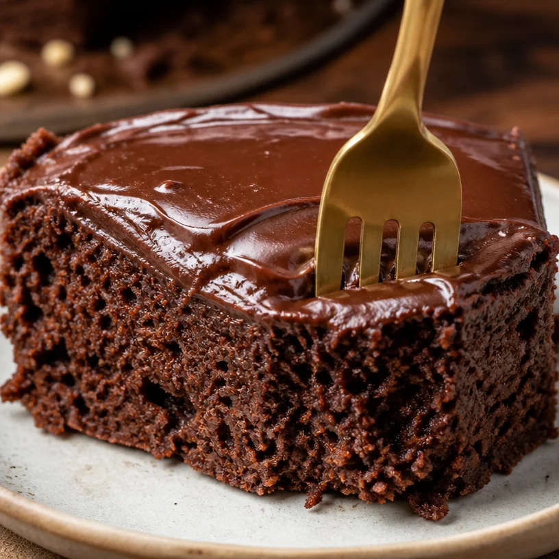 A slice of healthy Sweet Potato Chocolate Cake topped with chocolate frosting
