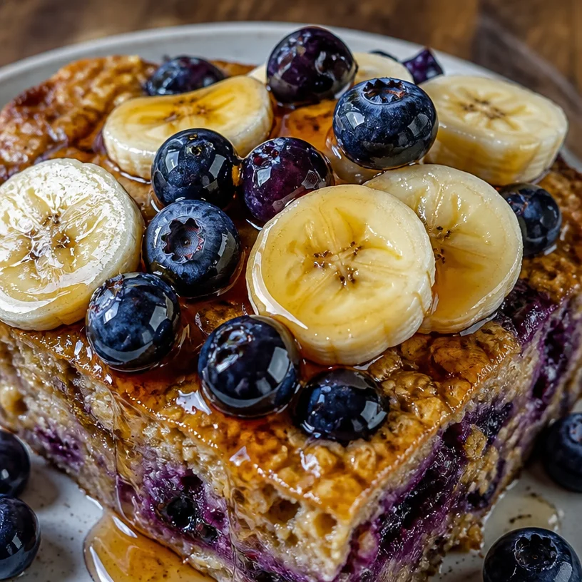 High protein banana blueberry breakfast bake baked in a dish with fresh fruits