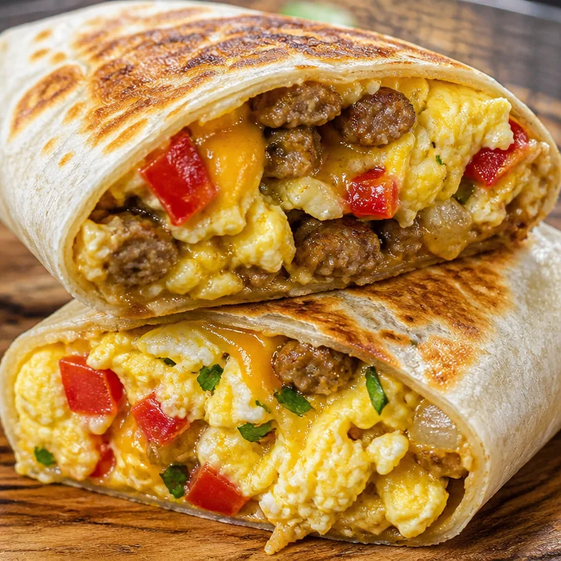 High protein breakfast burrito filled with eggs, beans, and veggies.