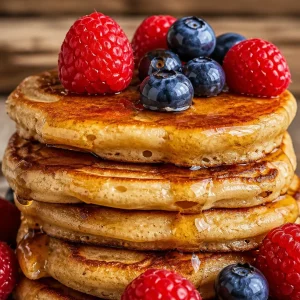 Fluffy high protein pancakes stacked with fresh berries and syrup.