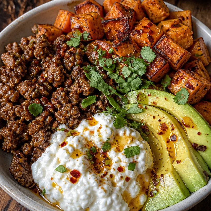 High protein sweet potato bowls topped with hot honey and fresh ingredients