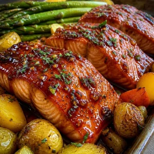 Delicious honey garlic salmon served with colorful roasted vegetables