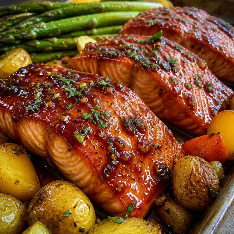Delicious honey garlic salmon served with colorful roasted vegetables