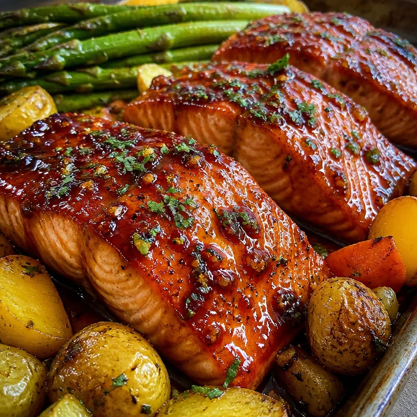 Delicious honey garlic salmon served with colorful roasted vegetables
