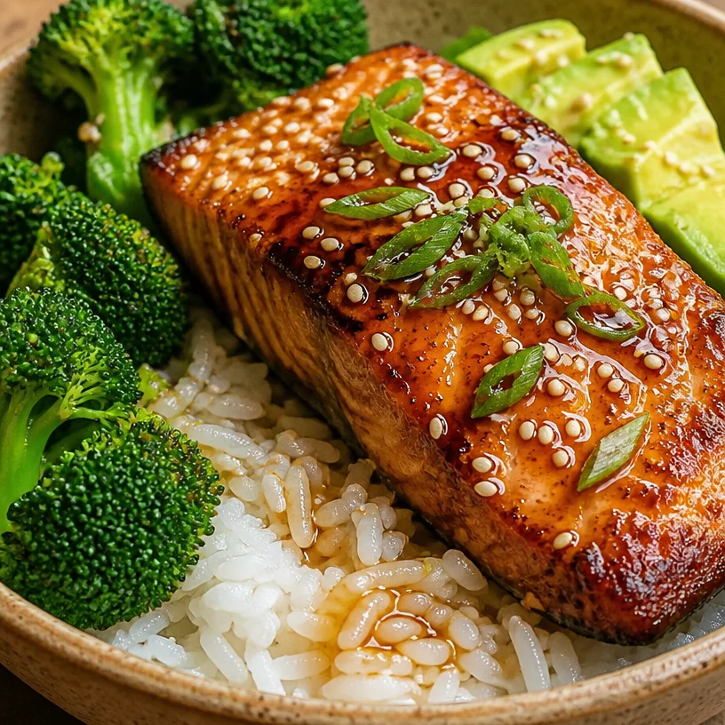 Honey Garlic Salmon Bowl with colorful vegetables and rice