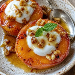 Fresh honey roasted peaches on a plate, drizzled with honey and sprinkled with nuts