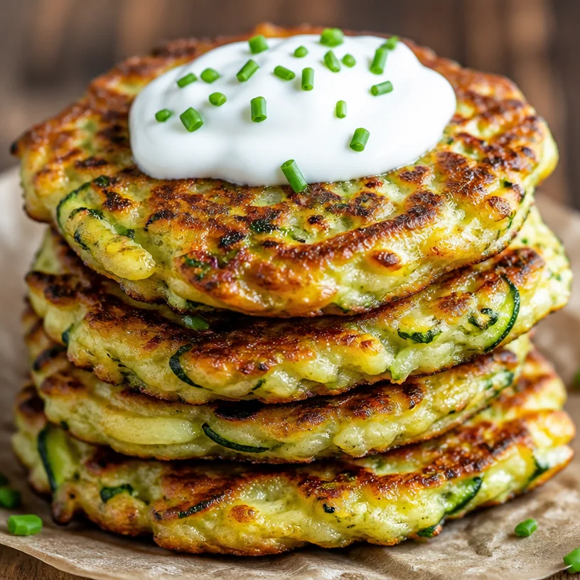 Crispy Keto Zucchini Fritters on a plate, garnished with herbs