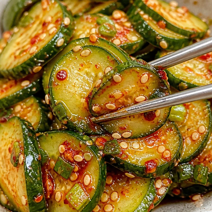 A vibrant bowl of authentic Korean Cucumber Salad garnished with sesame seeds.