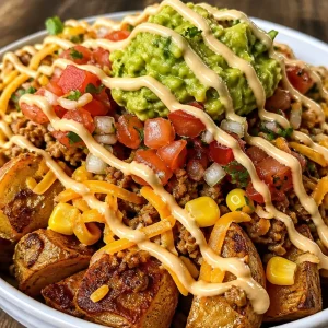 Loaded Potato Taco Bowl featuring crispy potatoes, toppings, and garnishes.