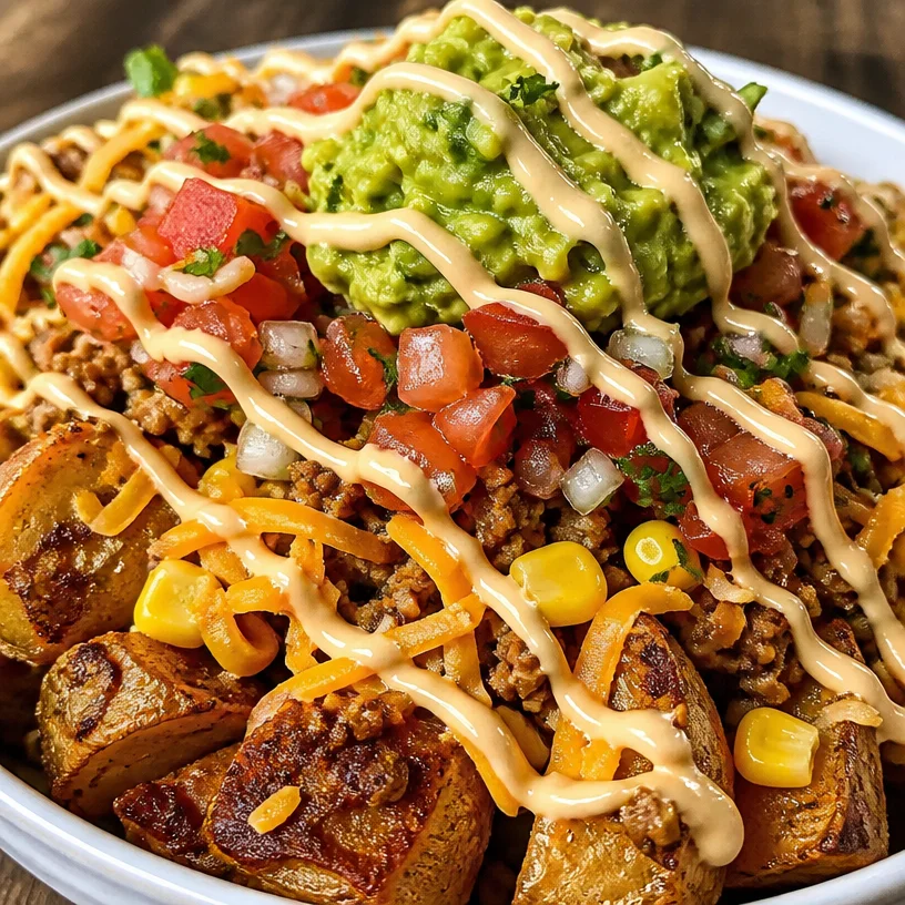Loaded Potato Taco Bowl featuring crispy potatoes, toppings, and garnishes.