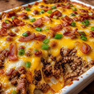 Delicious low-carb bacon cheeseburger casserole served in a dish.