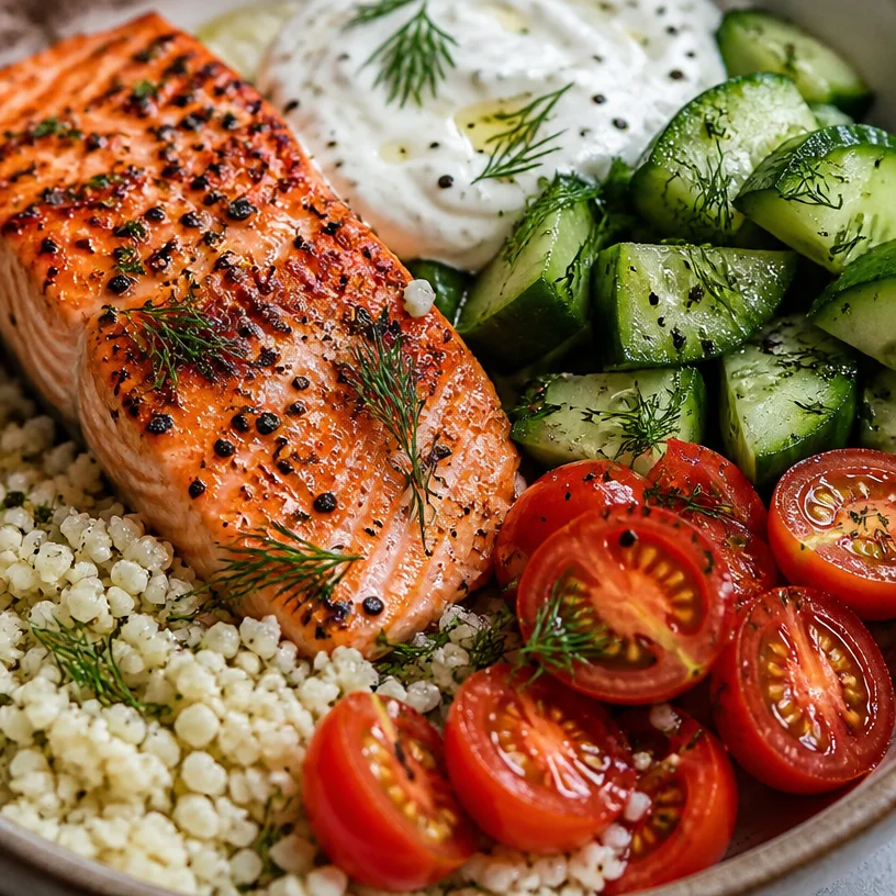 Low Carb Salmon Bowl with fresh vegetables and healthy toppings