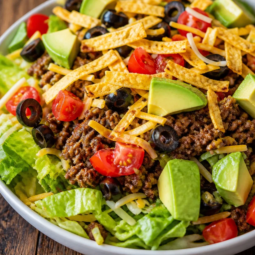 Low Carb Taco Salad Bowl topped with fresh ingredients and colorful vegetables