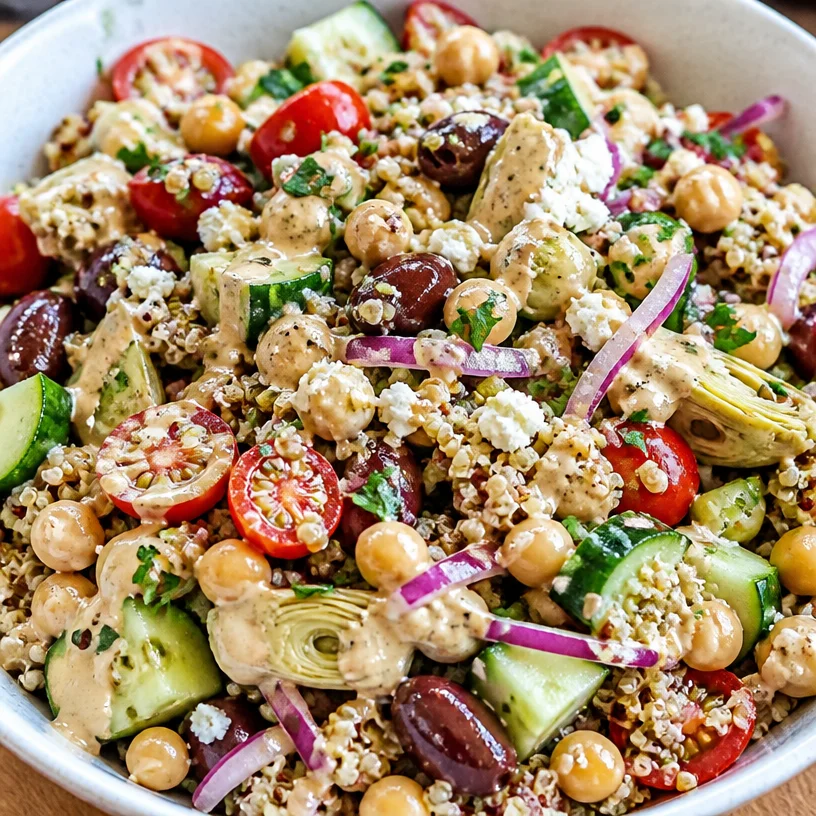 Mediterranean Chickpea Quinoa Bowl with fresh vegetables and herbs