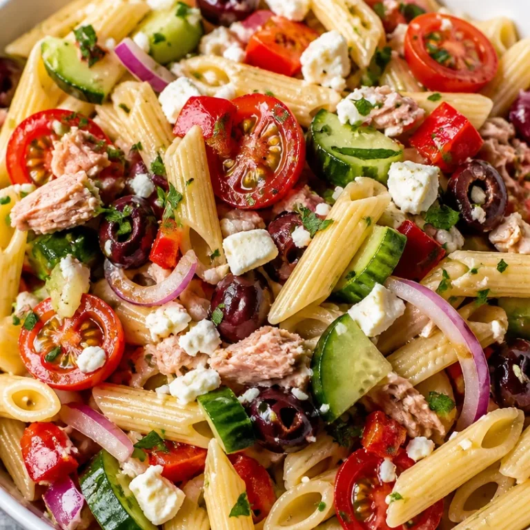 Mediterranean tuna pasta salad with fresh vegetables and herbs