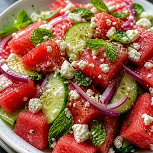 Mediterranean watermelon salad with feta cheese and fresh herbs