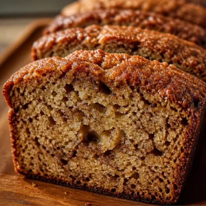 Moist and high protein banana bread on a wooden table with bananas