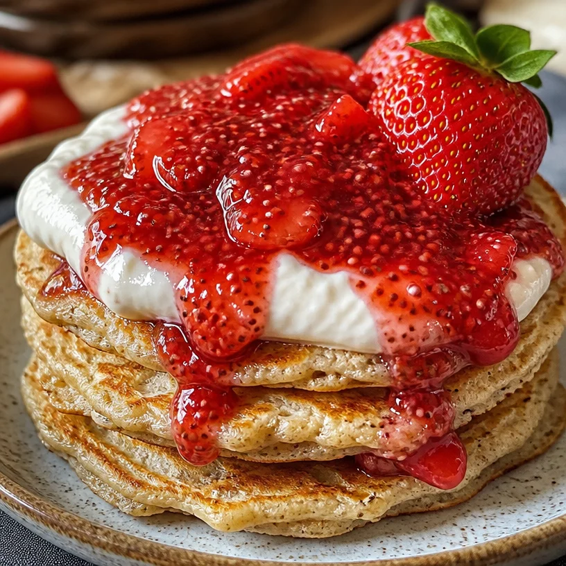 Oatmeal pancakes topped with strawberry chia jam and cottage cheese on a plate