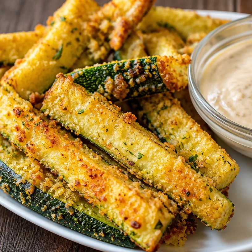 Baked Parmesan Crusted Zucchini Sticks served on a plate