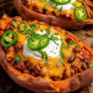 Delicious protein loaded sweet potato boats topped with healthy ingredients