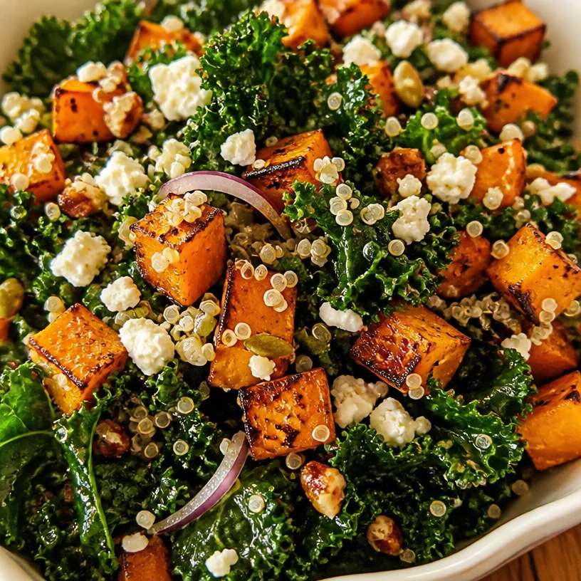 Roasted sweet potato kale and quinoa salad served in a bowl, garnished with herbs