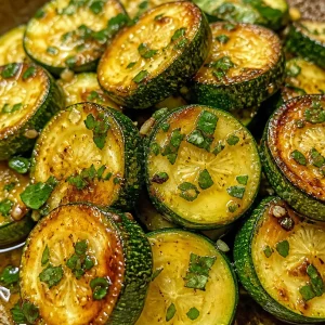 Sautéed zucchini with garlic butter and fresh herbs on a plate
