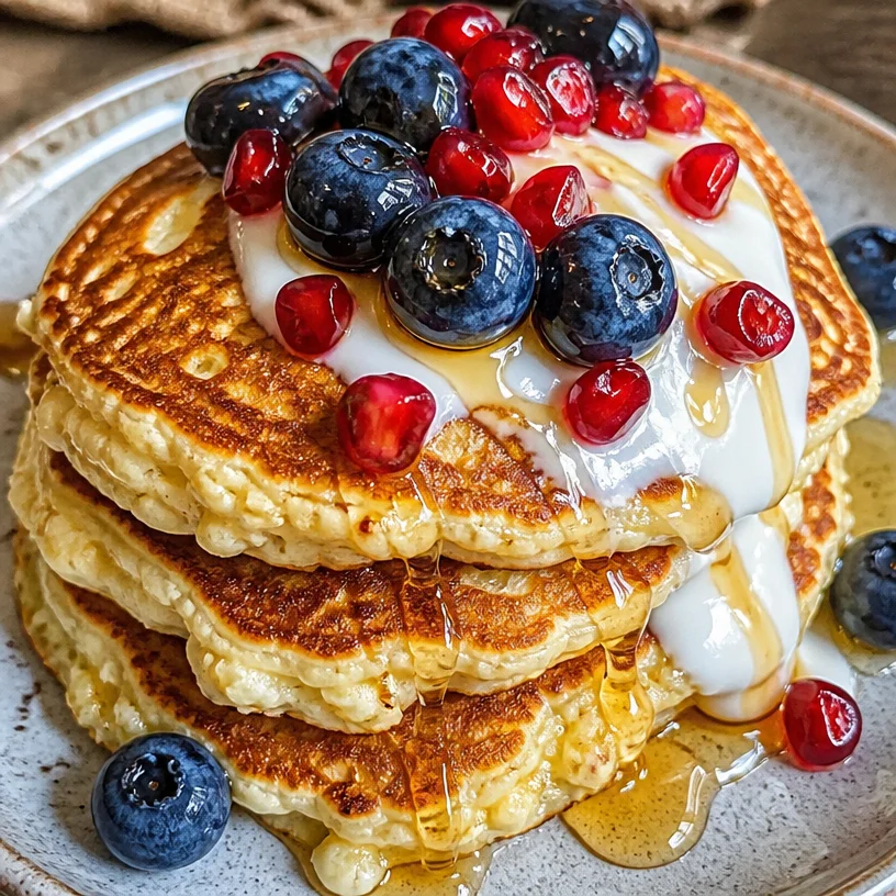 Savory cottage cheese pancakes served with fresh herbs and toppings.