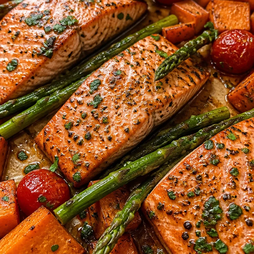 Sheet pan salmon with asparagus and sweet potatoes on a baking tray