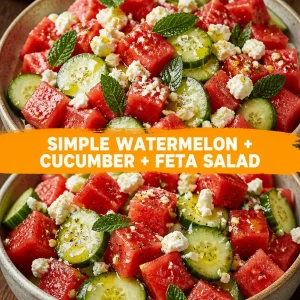 Watermelon cucumber feta salad in a bowl garnished with mint leaves.