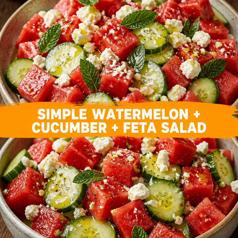 Watermelon cucumber feta salad in a bowl garnished with mint leaves.