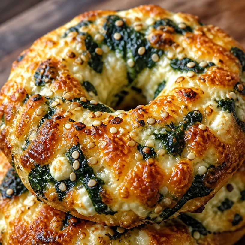 Spinach and Cottage Cheese Bagels with toppings on a wooden board