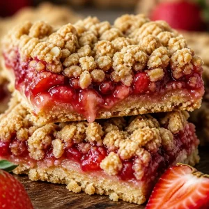 Plate of homemade Strawberry Crumble Bars with fresh strawberries