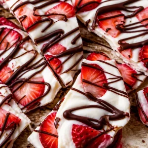 Delicious strawberry yogurt bark topped with dark chocolate slices.