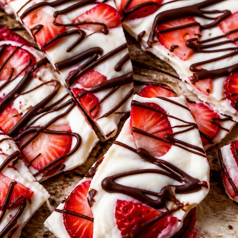 Delicious strawberry yogurt bark topped with dark chocolate slices.